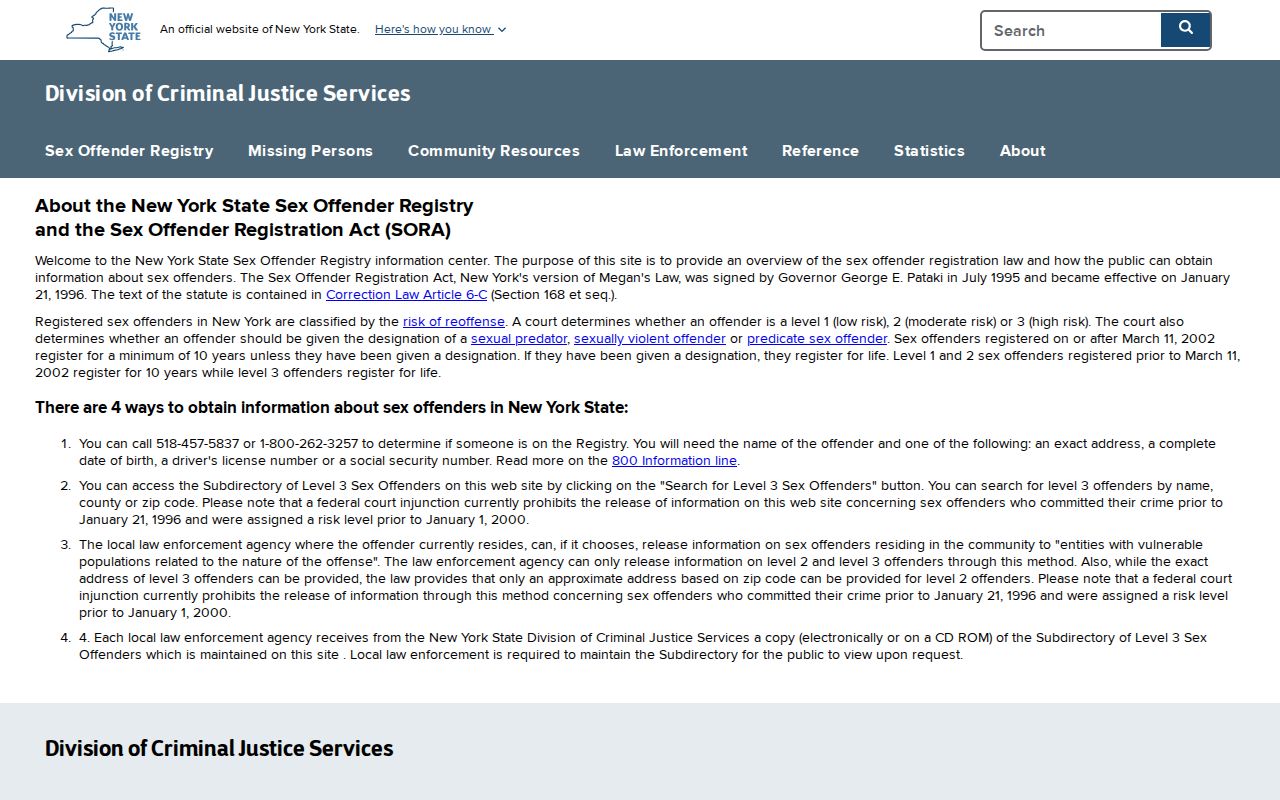 Niagara County sex offender registry access channels from DCJS